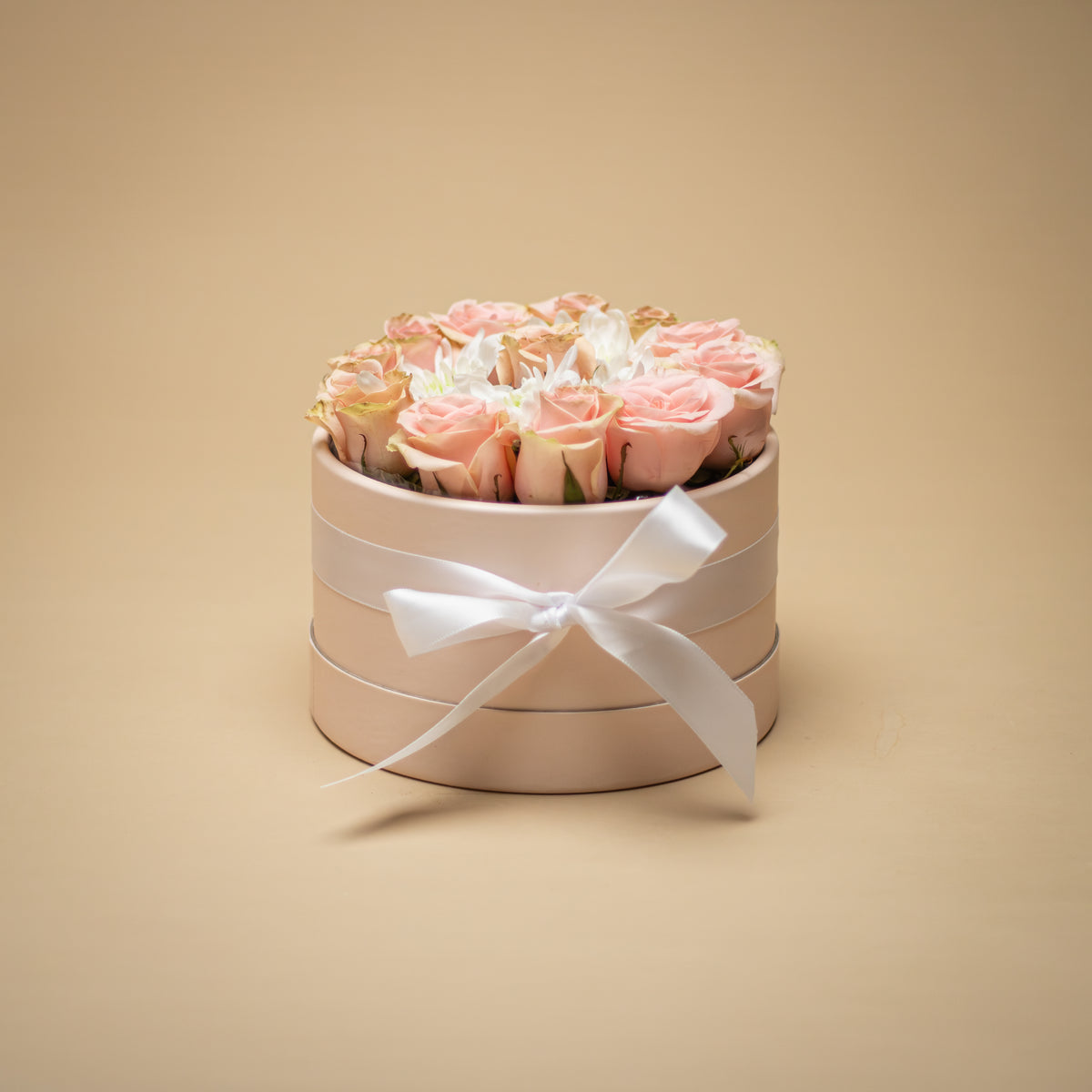 Arreglo de rosas rosa pálido y flores blancas en caja cilíndrica beige, decorada con cinta y lazo blanco sobre fondo beige. Velve Floristería, Paseo de las Flores, Heredia.