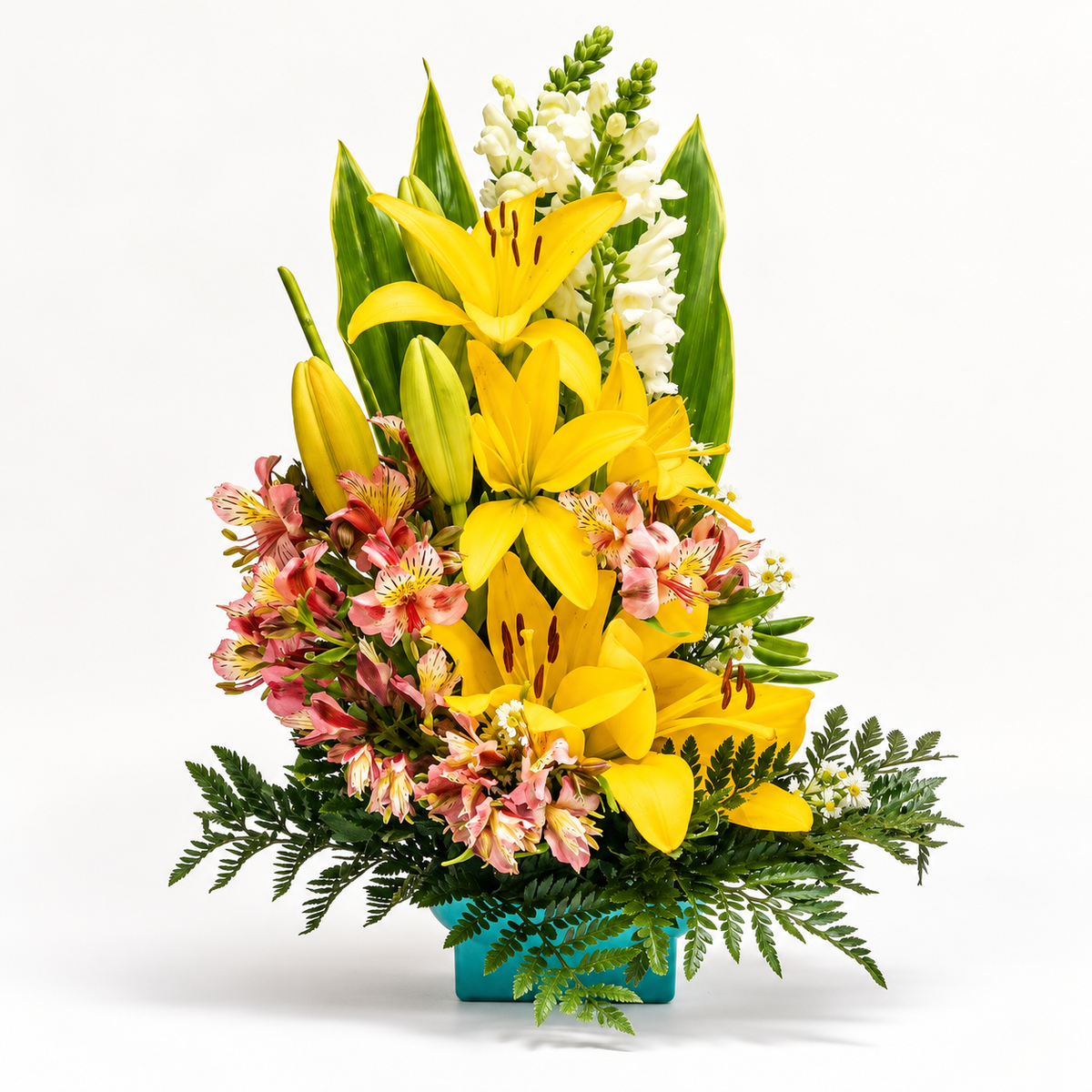 Arreglo floral multicolor en base turquesa velve floristeria heredia paseo de las flores