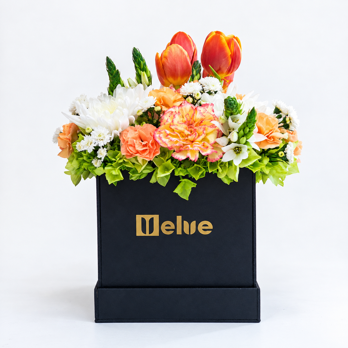 Arreglo de tulipanes anaranjados, claveles y crisantemos blancos en caja negra, vista frontal. Velve Floristería, Paseo de las Flores, Heredia.