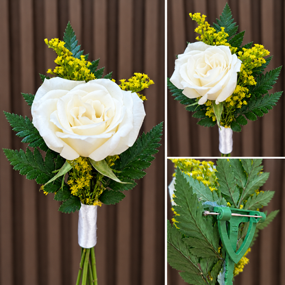 Botonier de rosa blanca con solidago amarillo helecho y tallos envueltos en saten blanco mostrado de frente y con detalle del broche de_sujecion. Velve Floristeria Paseo de las Flores Heredia.