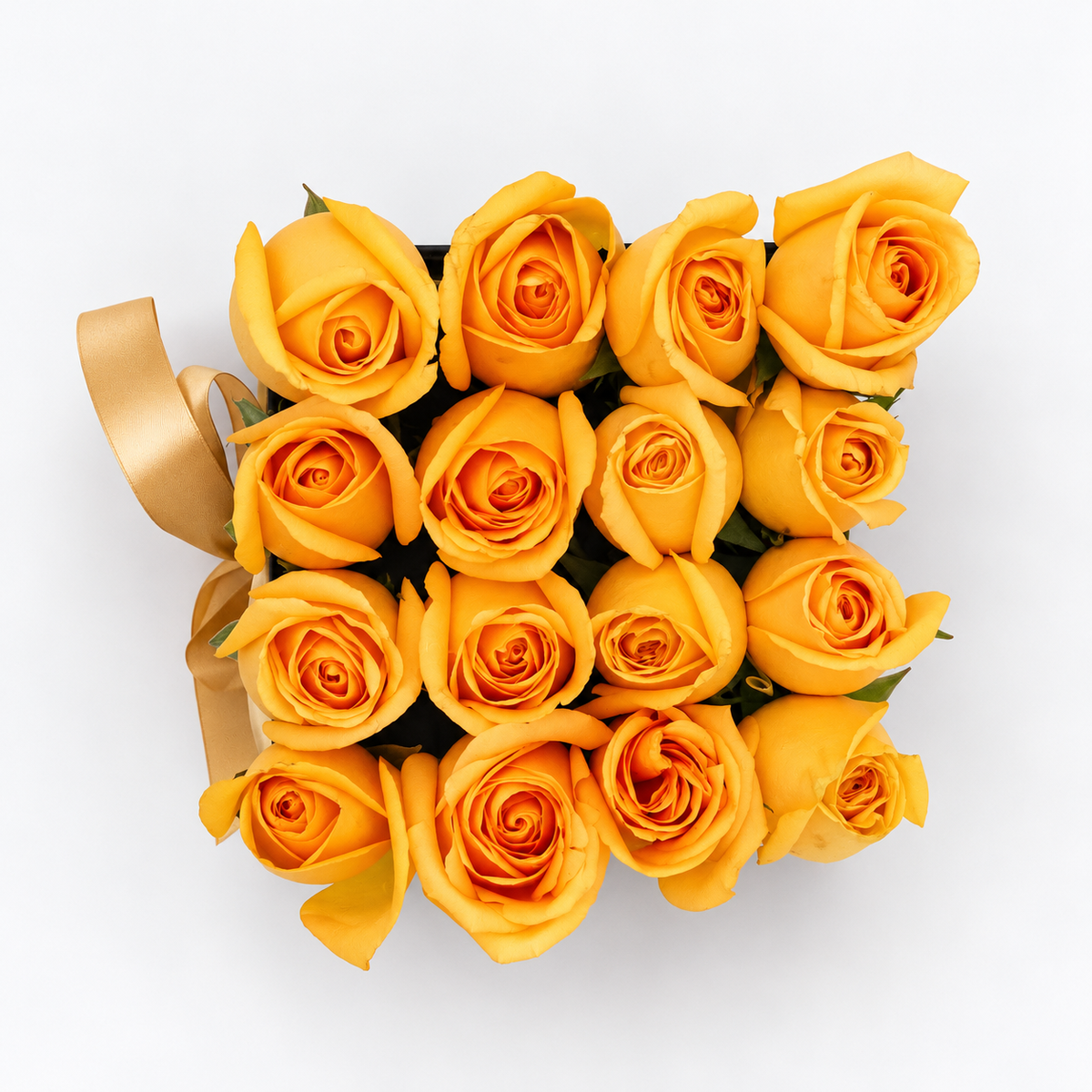 Vista superior de dieciséis rosas amarillas en caja negra con lazo dorado. Velve Floristería, Paseo de las Flores, Heredia.